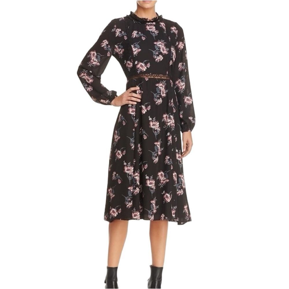 June & Hudson Floral Midi Dress Size M NWT Black Long Sleeve Boho Romantic